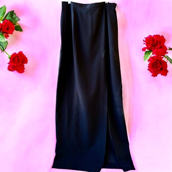 Vintage 80's Long Maxi Black Skirt Made in Hong Kong Deep Slit Lined Womens 12 - Picture 13 of 14